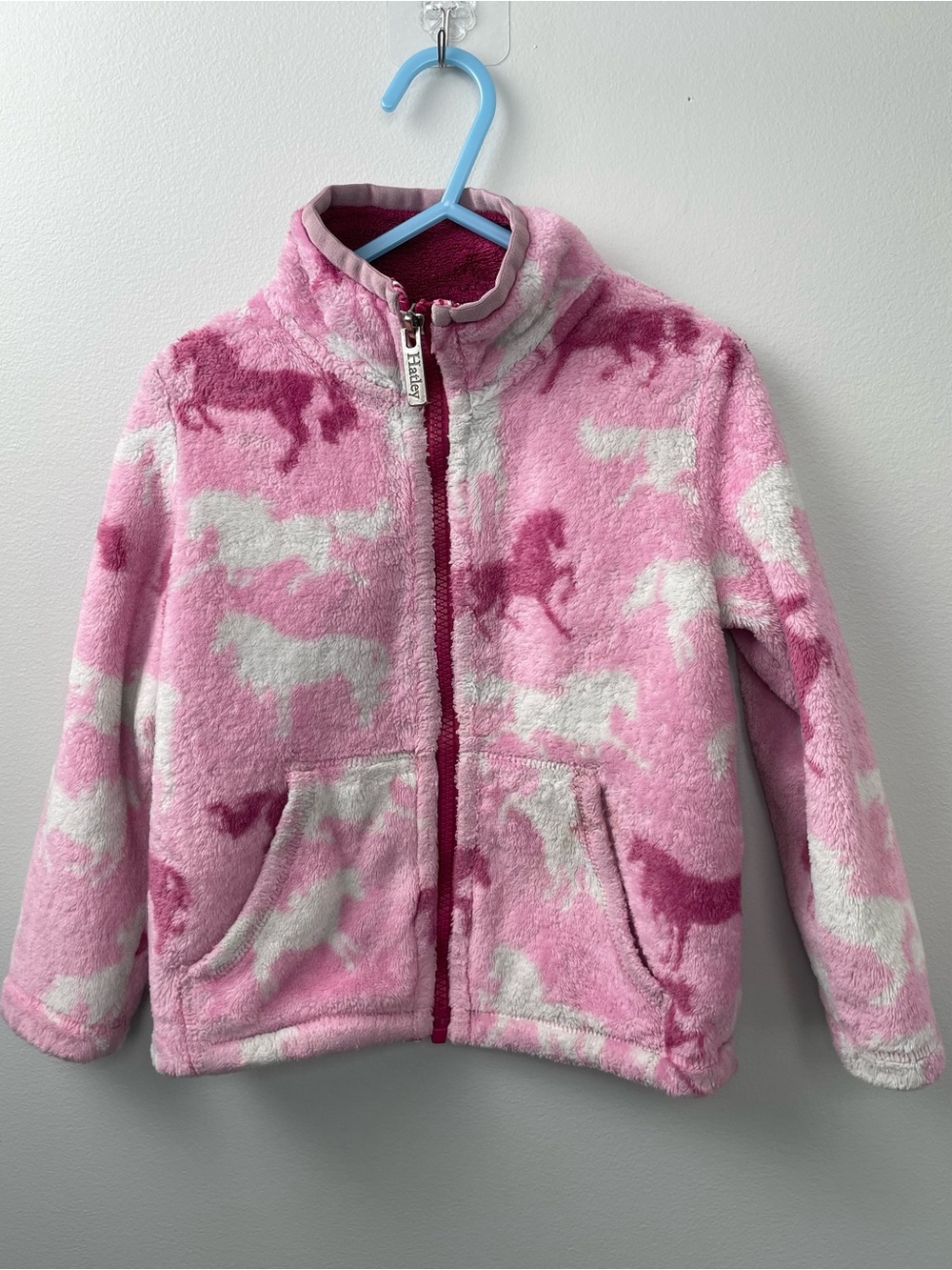 Hatley Girls Pink Playful Horses Fuzzy Fleece Zip-Up Jacket - Size 3
